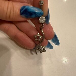 Silver Star Dangle Belly Ring with Crystals